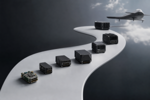 Seven compact avionics modules arranged along a decision path from laboratory prototype to rugged au
